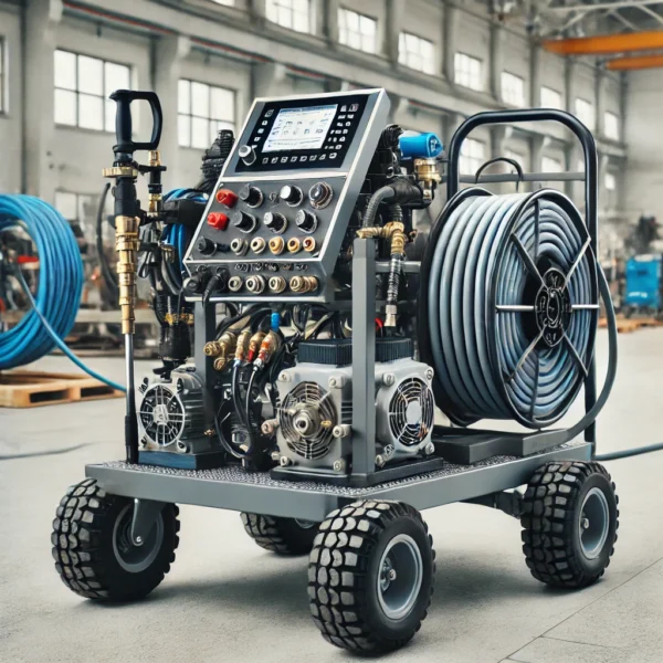 hydro jetting machine mounted on a compact trolley, equipped with an electric motor. The machine features high-pressure hose